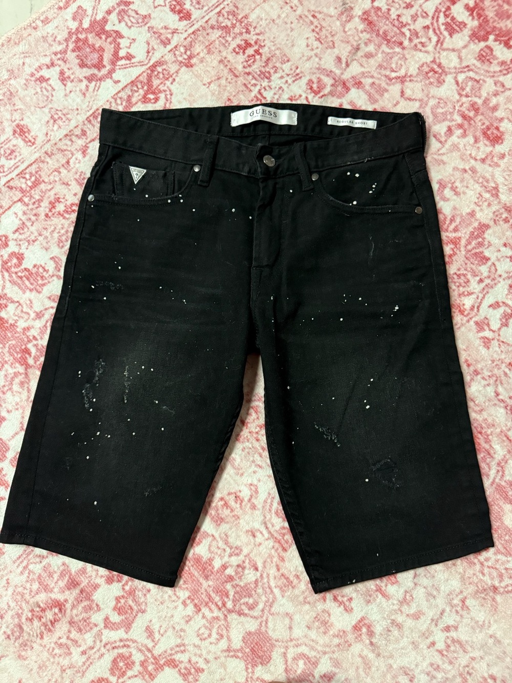 GUESS Black Men’s Paint-Splatter Denim Shorts